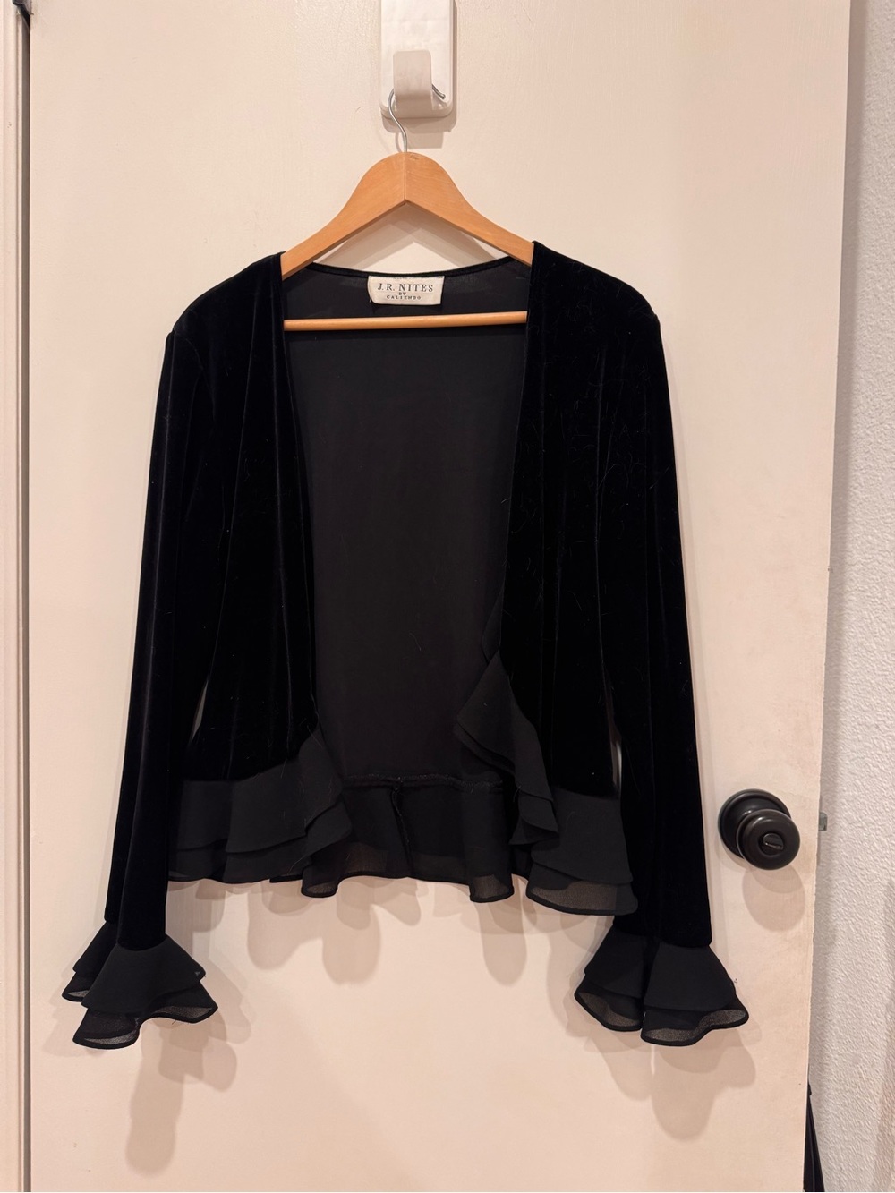 Vintage J.R. Nites Black Velvet Chiffon Ruffle Jacket Evening Goth